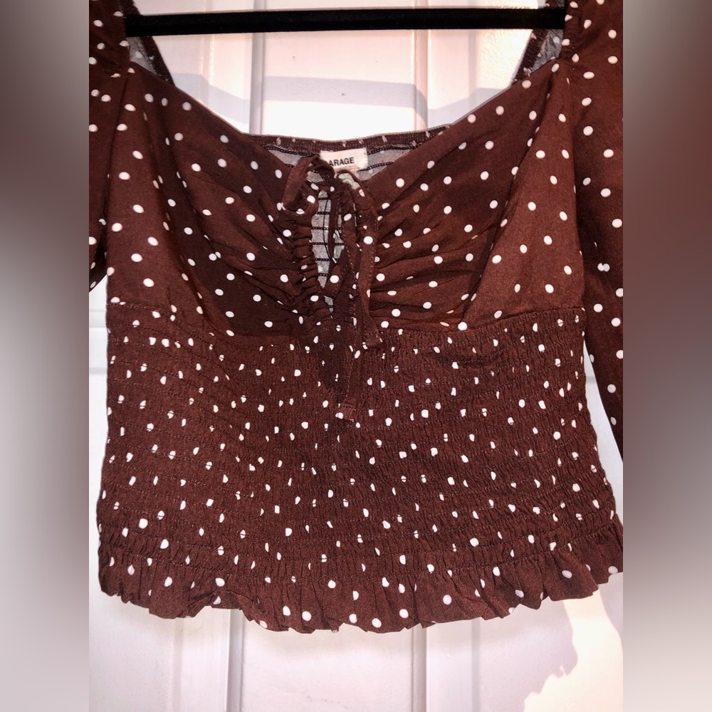 BNWT Garage Brown Polka Dot Women's Bubble Sleeve Blouse Top - XS - Picture 3 of 12